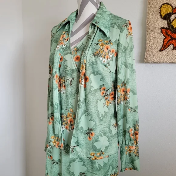 70s Vintage Green Orange Floral Maxi Dress + Shirt Jacket - Picture 4 of 10
